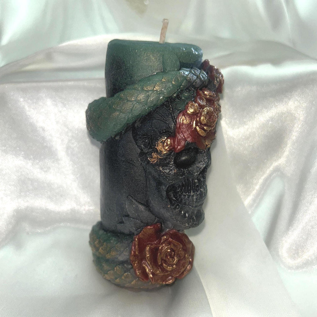 Skull N Reptilian Wrapped Candle w/3D copper frosted Vampire Red Roses 2pc set!
