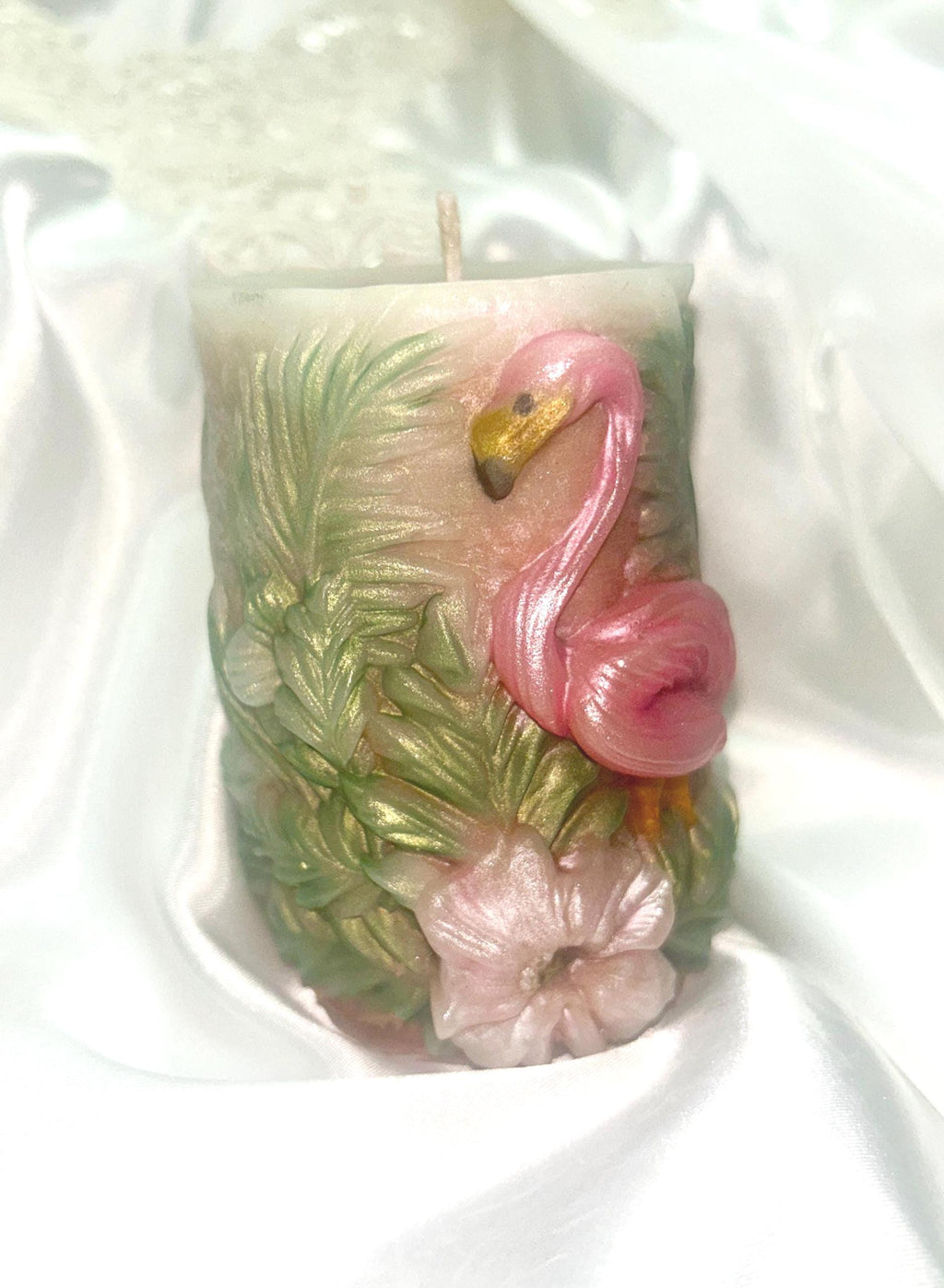 3D Flamingo Paradise Candle in Coral Pink, Moss Green & Copper Tan 2pc set!