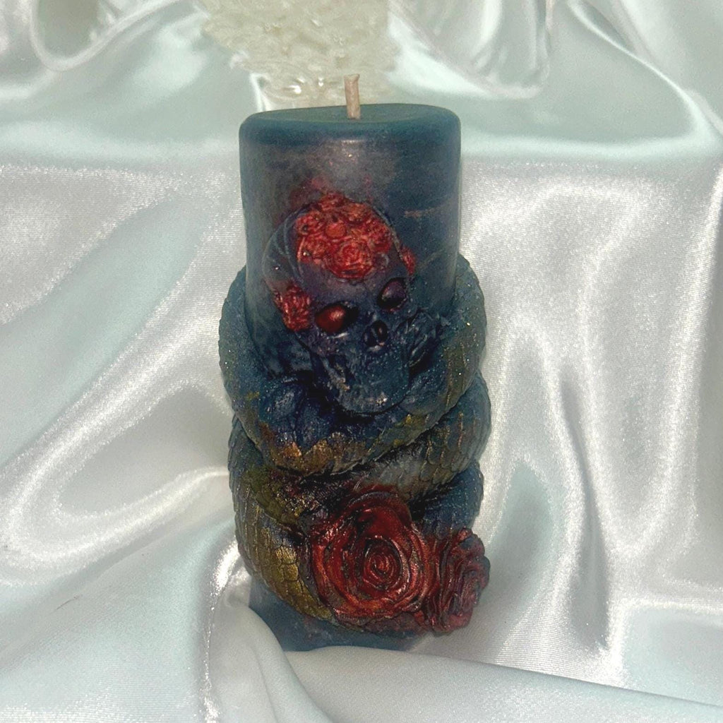 Skull N Reptilian Wrapped Candle w/3D copper frosted Vampire Red Roses 2pc set!