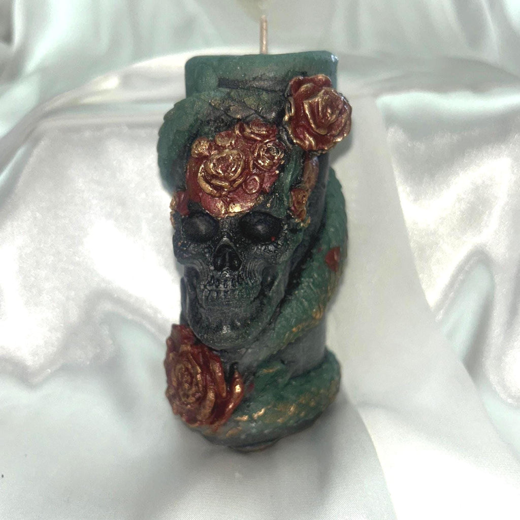 Skull N Reptilian Wrapped Candle w/3D copper frosted Vampire Red Roses 2pc set!