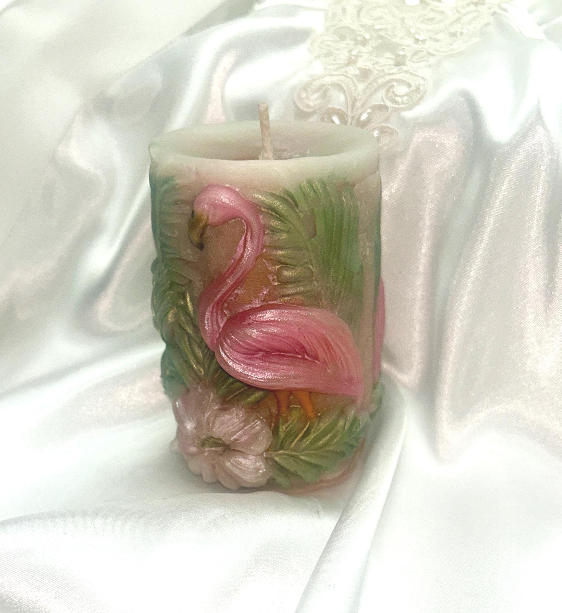 3D Flamingo Paradise Candle in Coral Pink, Moss Green & Copper Tan 2pc set!