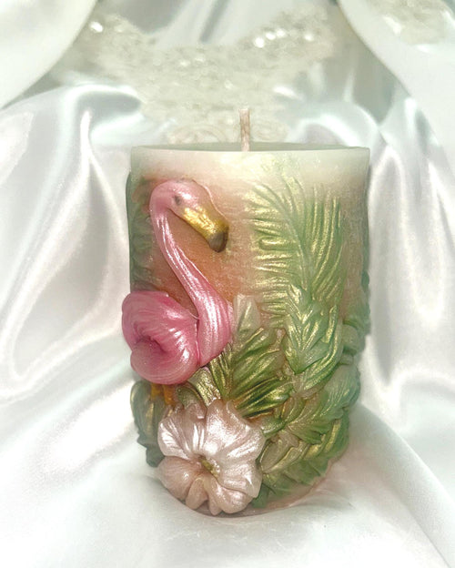 3D Flamingo Paradise Candle in Coral Pink, Moss Green & Copper Tan 2pc set!