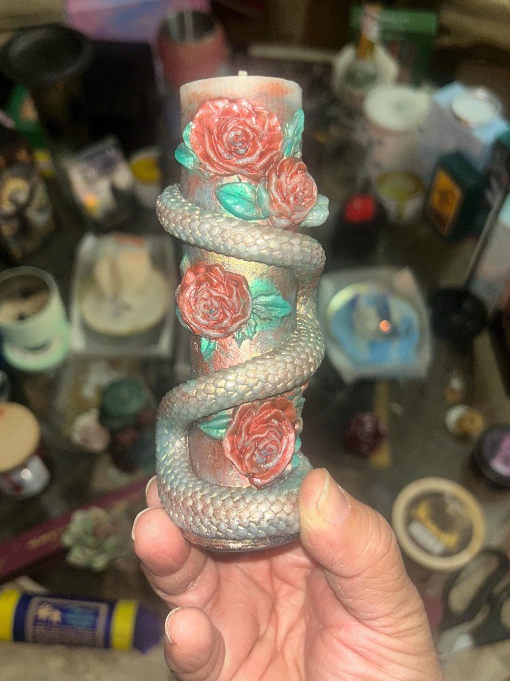 Serpent Roses Candle Set, 3D Crowned Deep Blood Red Roses, Underground Green Reptile