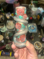 Serpent Roses Candle Set, 3D Crowned Deep Blood Red Roses, Underground Green Reptile