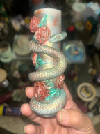 Serpent Roses Candle Set, 3D Crowned Deep Blood Red Roses, Underground Green Reptile