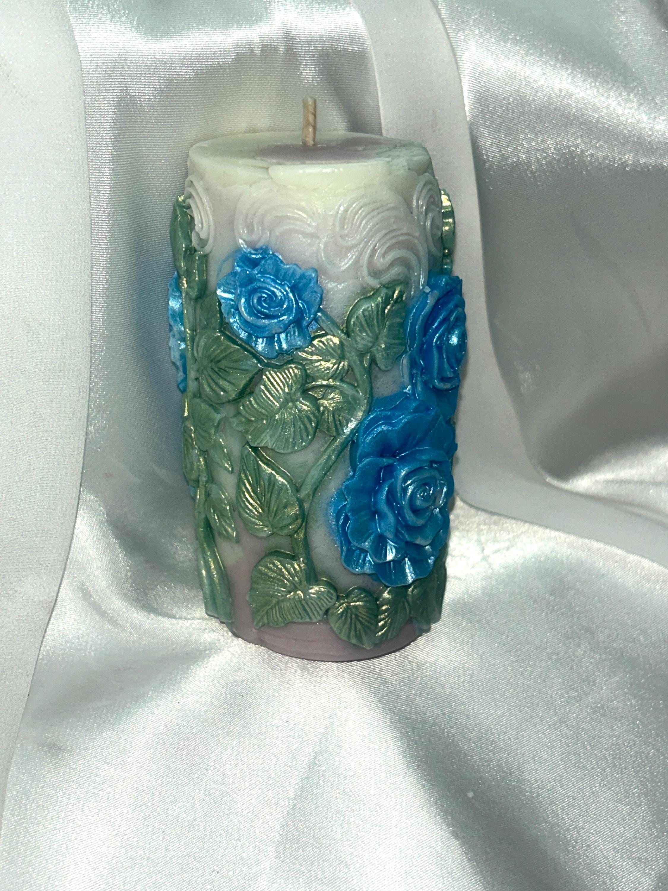 Peaking Meadow Candle 3D crowned Whimsical White and Moss Green meadow leaves 2pc set!
