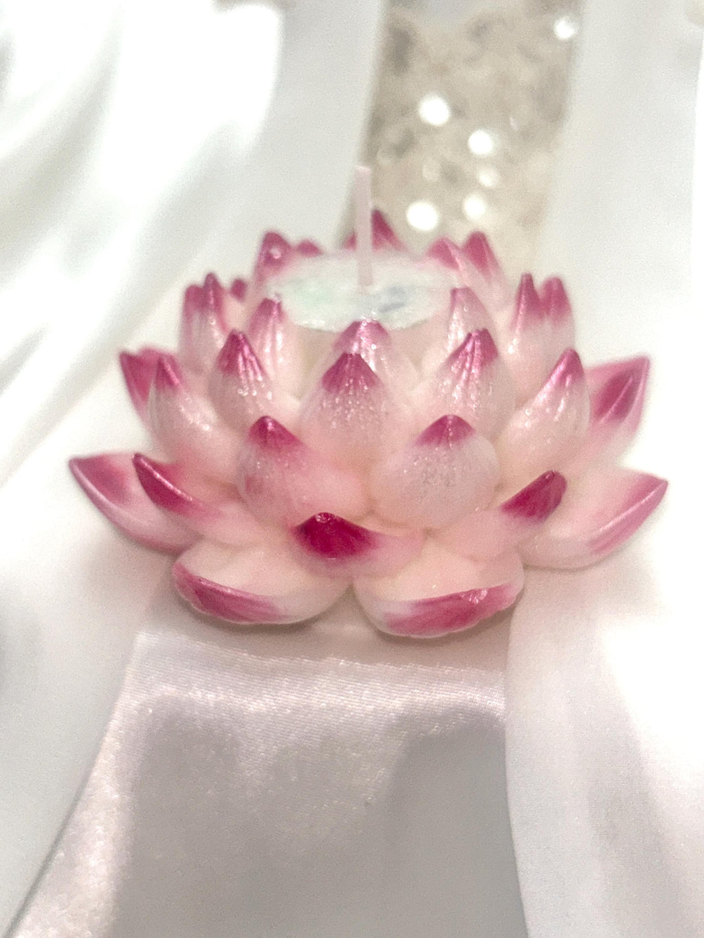 Naively Brilliant Lotus Candle, Whimsical White with/ 3D crown frosted petal tips 2pc set!