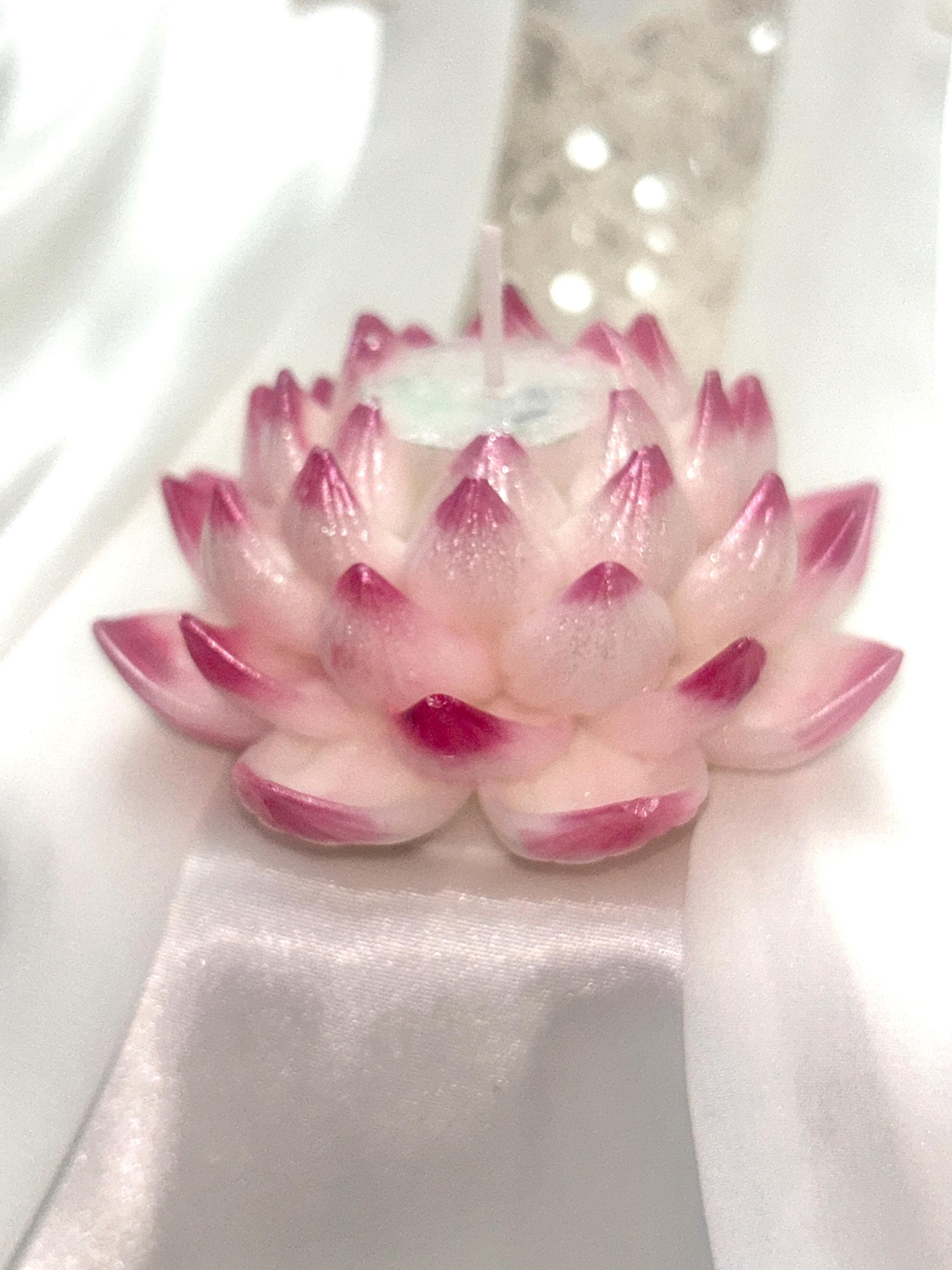 Naively Brilliant Lotus Candle, Whimsical White with/ 3D crown frosted petal tips 2pc set!