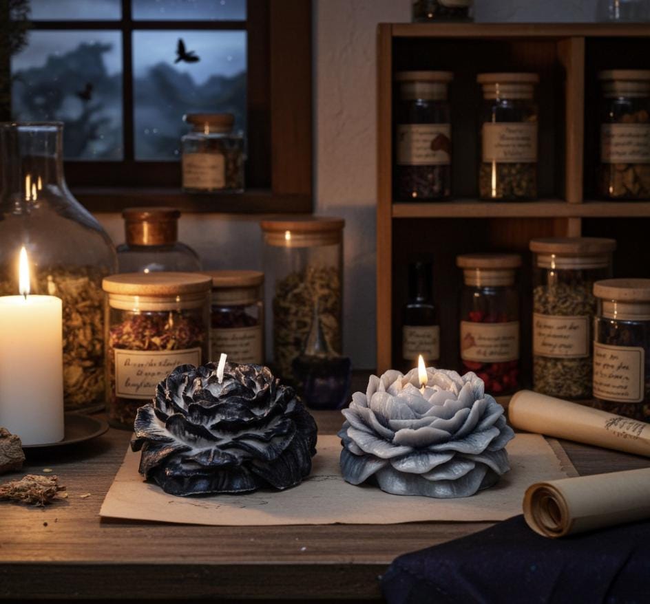 Dark Duality Peonies Candles in Rustic Black, 3D Frosted Petal Tips, 2pc set!