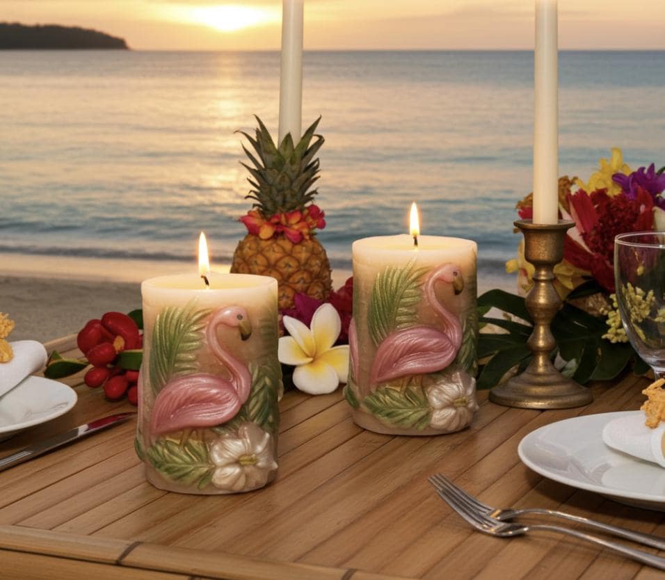 3D Flamingo Candle Set, Fairy Pink & Spring Green, Tropical Decor