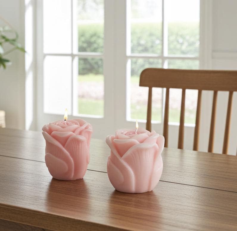 Rose Bud Candles, Beautifully Smothered in Fairy Pink, 2pc set!