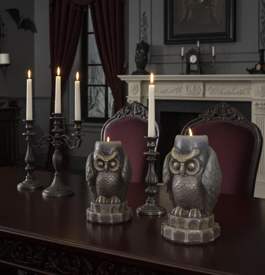 Mystical Owl Candles, 3D Frosted Moldings, 2pc set!