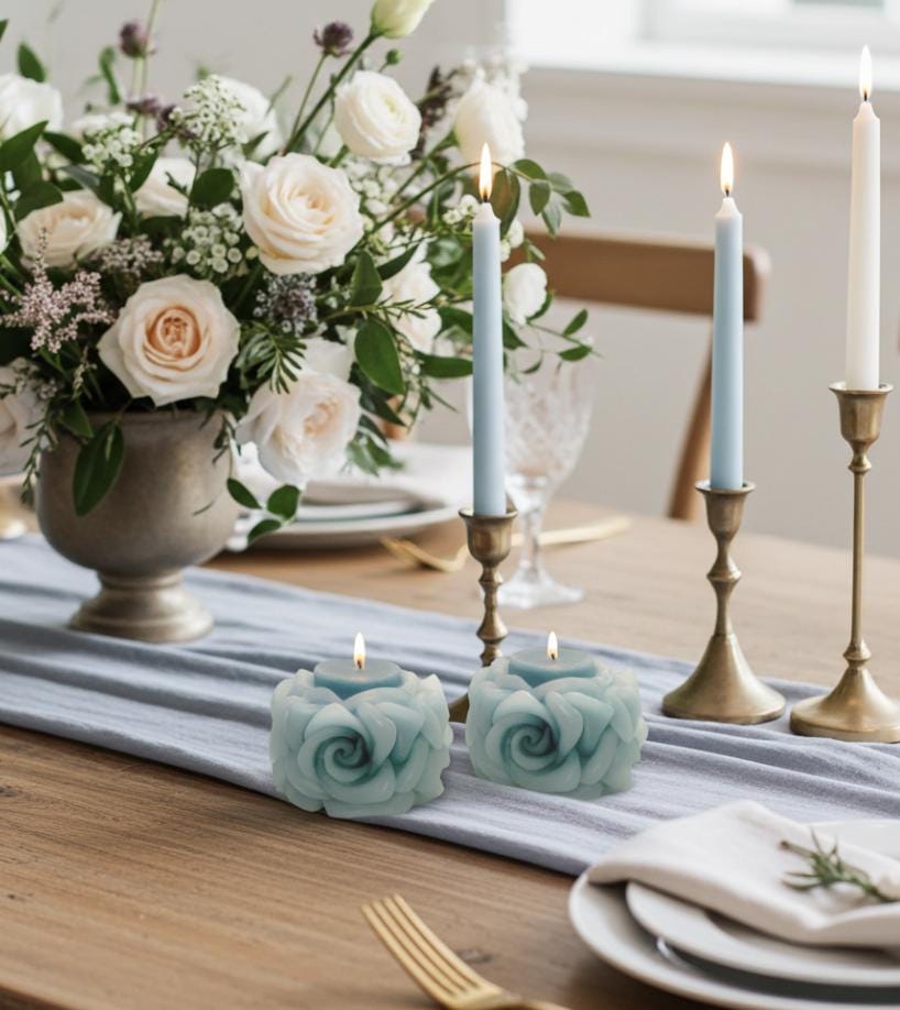 3D Crown Edged Chubby Rose Candles, Fairy Pink, 2pc set!