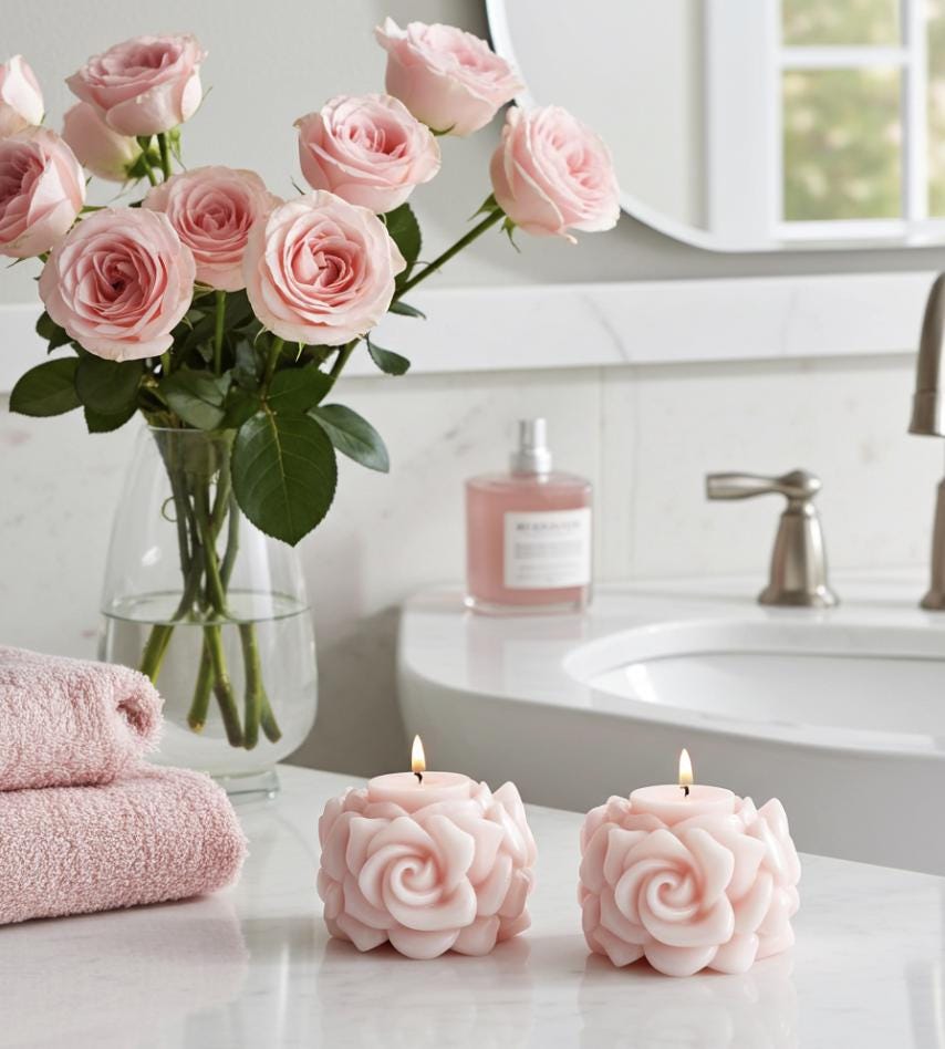 3D Crown Edged Chubby Rose Candles, Fairy Pink, 2pc set!