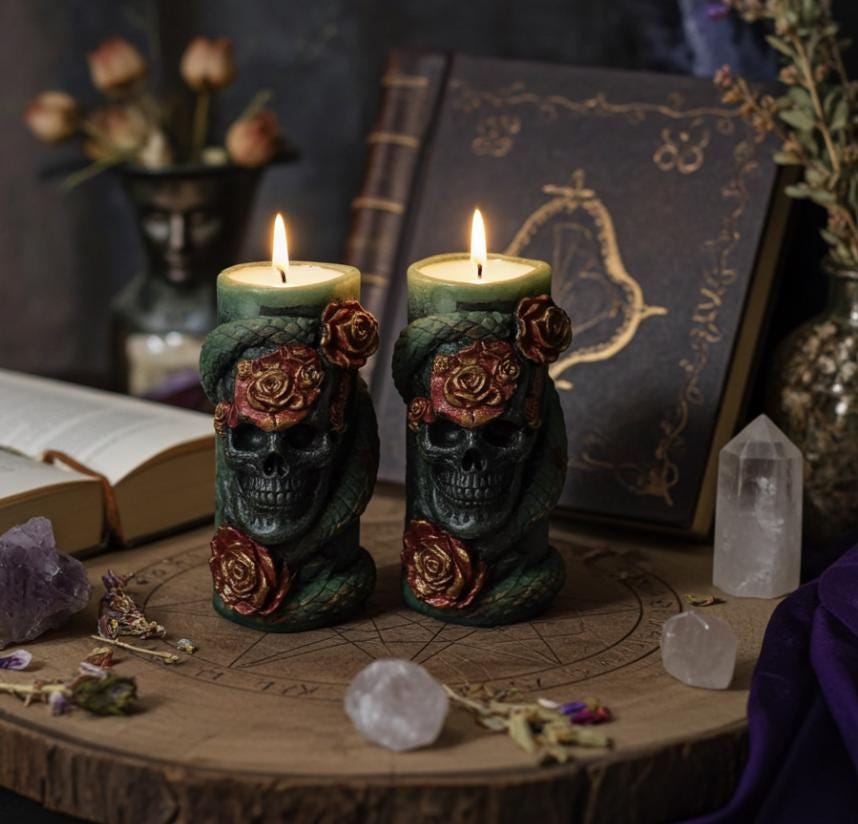Skull Reptile Wrapped Candles, 3D Copper Red Roses (2pc Set)