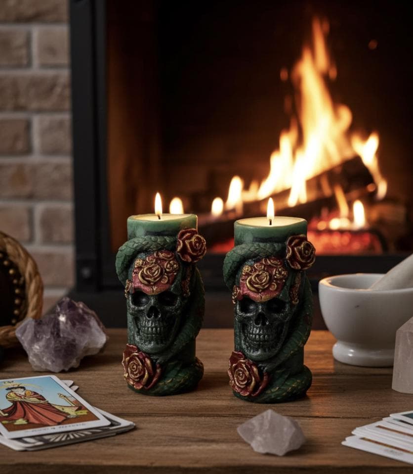 Skull Reptile Wrapped Candles, 3D Copper Red Roses (2pc Set)