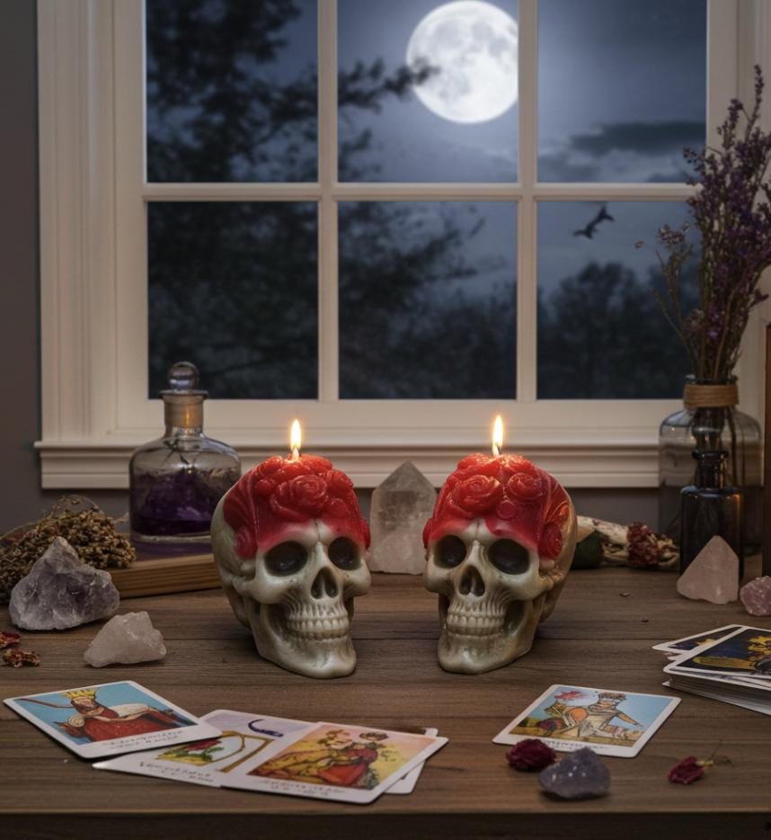 Skull N Roses Candles, Rustic Black, 2pc set!