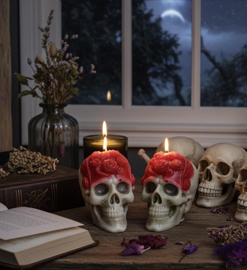 Skull N Roses Candles, Rustic Black, 2pc set!