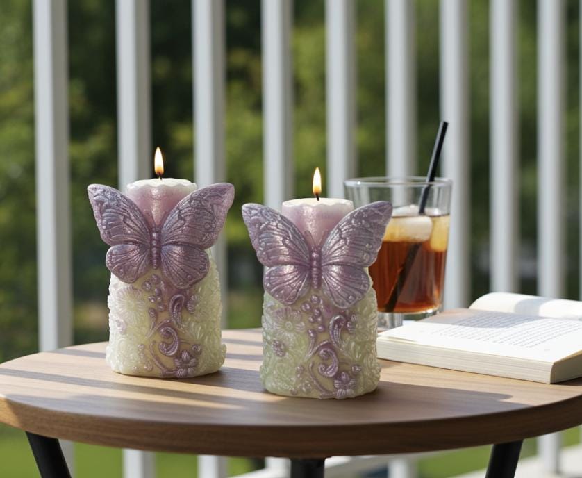 Whimsical Butterfly Candles, 3D Frosted Moldings, 2pc set!