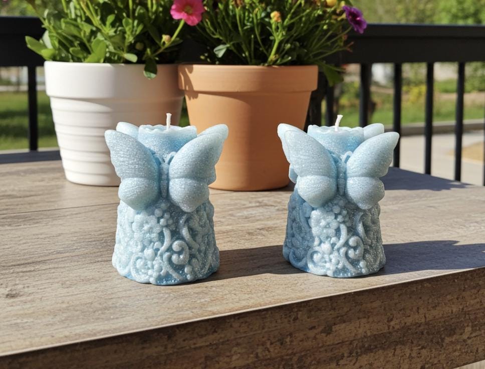 Snow Butterfly Candle, 3D Frosted Moldings, 2 pc set!