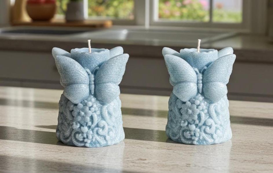 Snow Butterfly Candle, 3D Frosted Moldings, 2 pc set!