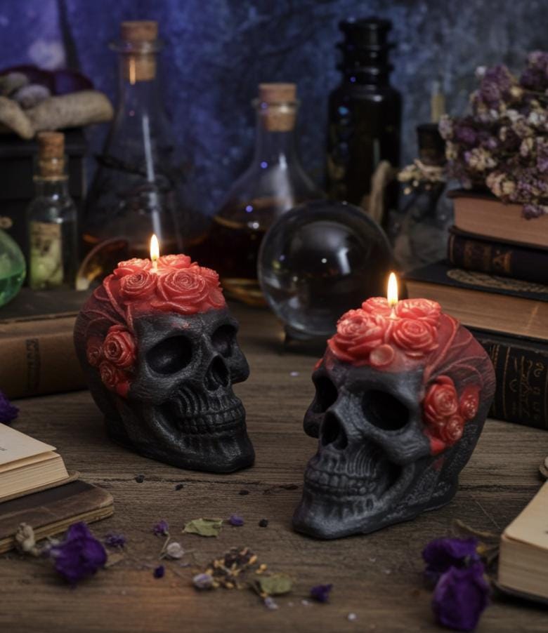 Skull N Roses Candles, Rustic Black, 2pc set!