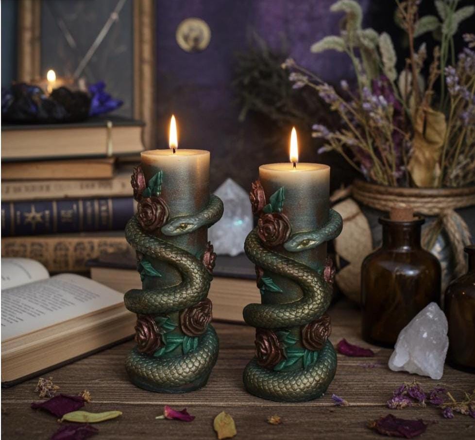 Serpent Roses Candle Set, 3D Crowned Deep Blood Red Roses, Underground Green Reptile