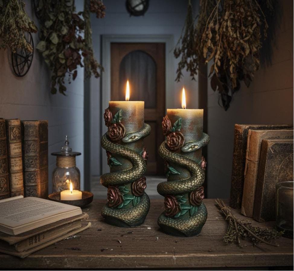 Serpent Roses Candle Set, 3D Crowned Deep Blood Red Roses, Underground Green Reptile