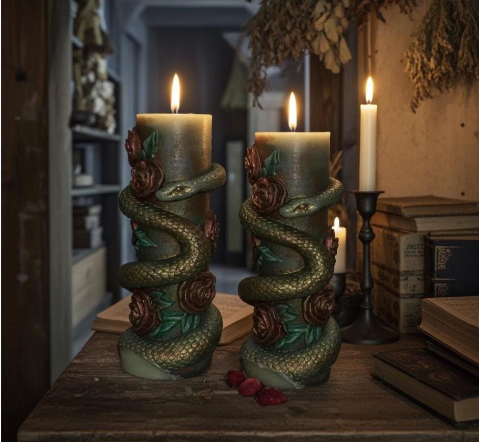 Serpent Roses Candle Set, 3D Crowned Deep Blood Red Roses, Underground Green Reptile