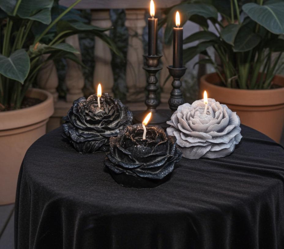 Rustic Black 3D Frosted Petal Tipped Peony Candles, The Dark Wanderers, 3 pc set!