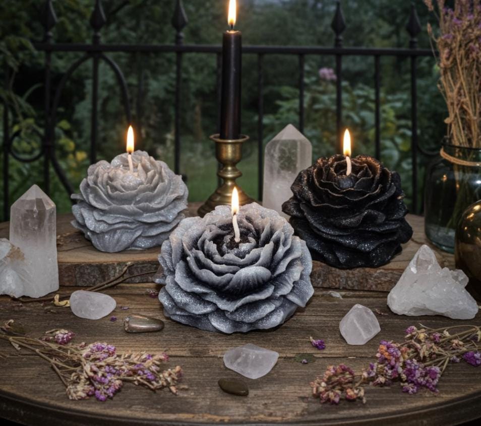 Rustic Black 3D Frosted Petal Tipped Peony Candles, The Dark Wanderers, 3 pc set!