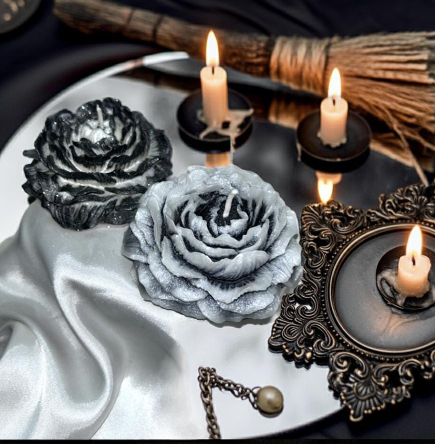 Peonies of Dark Duality Candles in Rustic Black, 3D Frosted Petal Tips, 2pc set!