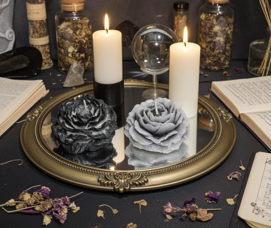 Dark Duality Peonies Candles in Rustic Black, 3D Frosted Petal Tips, 2pc set!