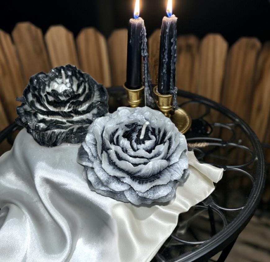 Dark Duality Peonies Candles in Rustic Black, 3D Frosted Petal Tips, 2pc set!