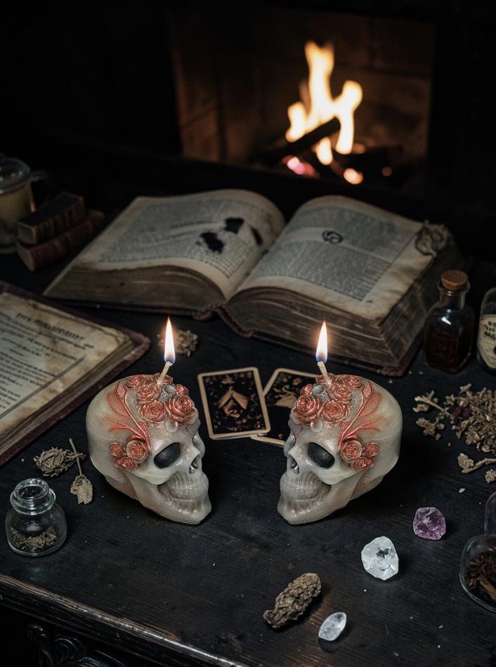 Skull N Roses Candles, Rustic Black, 2pc set!