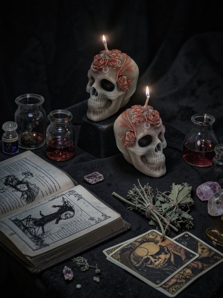 Skull N Roses Candles, Rustic Black, 2pc set!