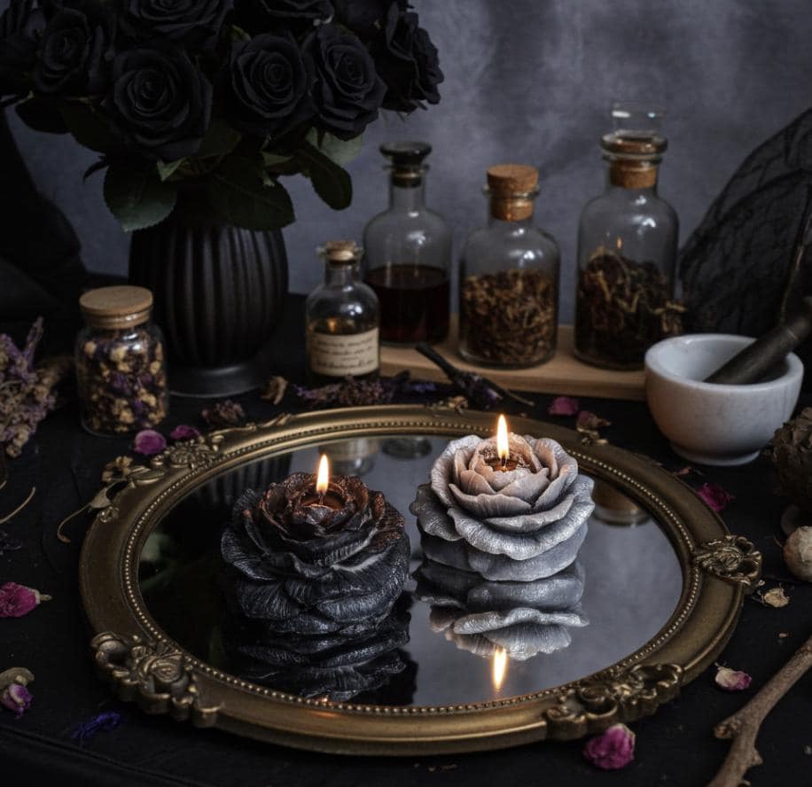 Dark Duality Peonies Candles in Rustic Black, 3D Frosted Petal Tips, 2pc set!