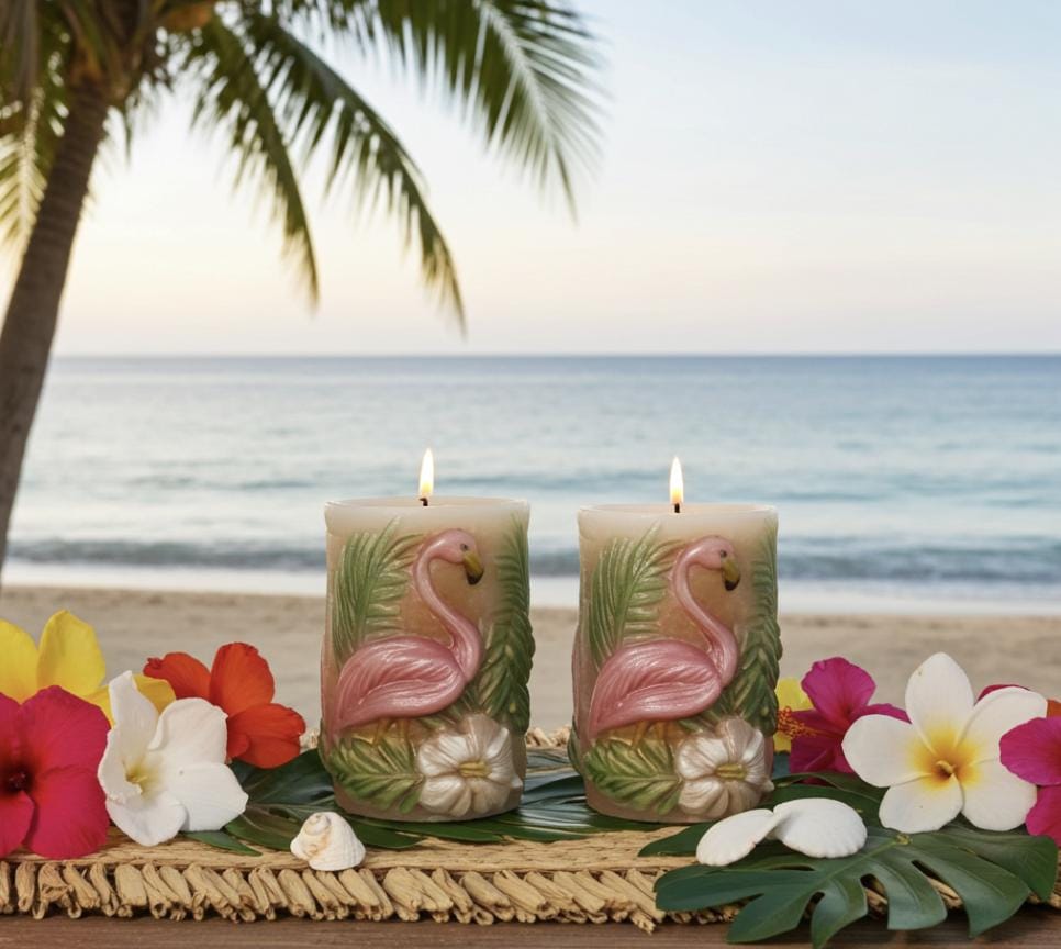 3D Flamingo Candle Set, Fairy Pink & Spring Green, Tropical Decor