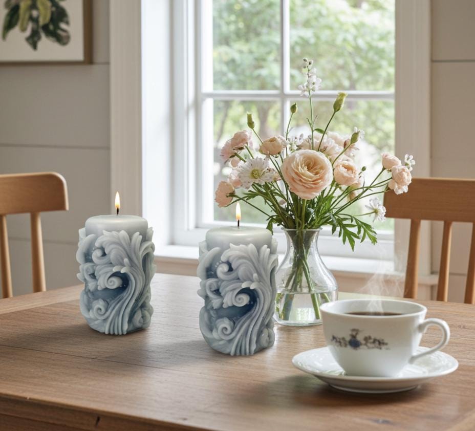 Whimsical Swirls Candles, 3D Crown Frosted Moldings, 2pc set!