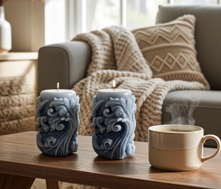 Whimsical Swirls Candles, 3D Crown Frosted Moldings, 2pc set!