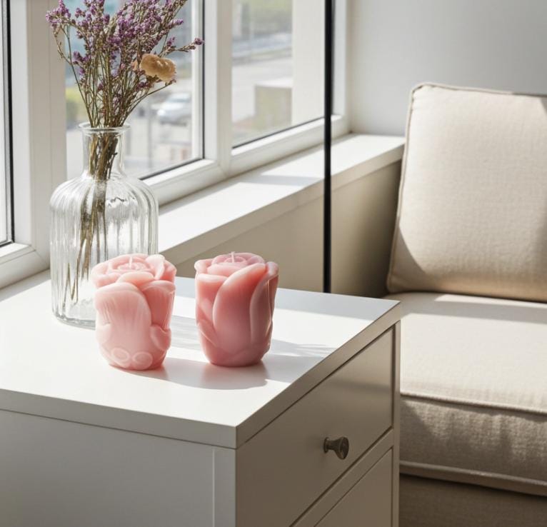 Rose Bud Candles, Beautifully Smothered in Fairy Pink, 2pc set!