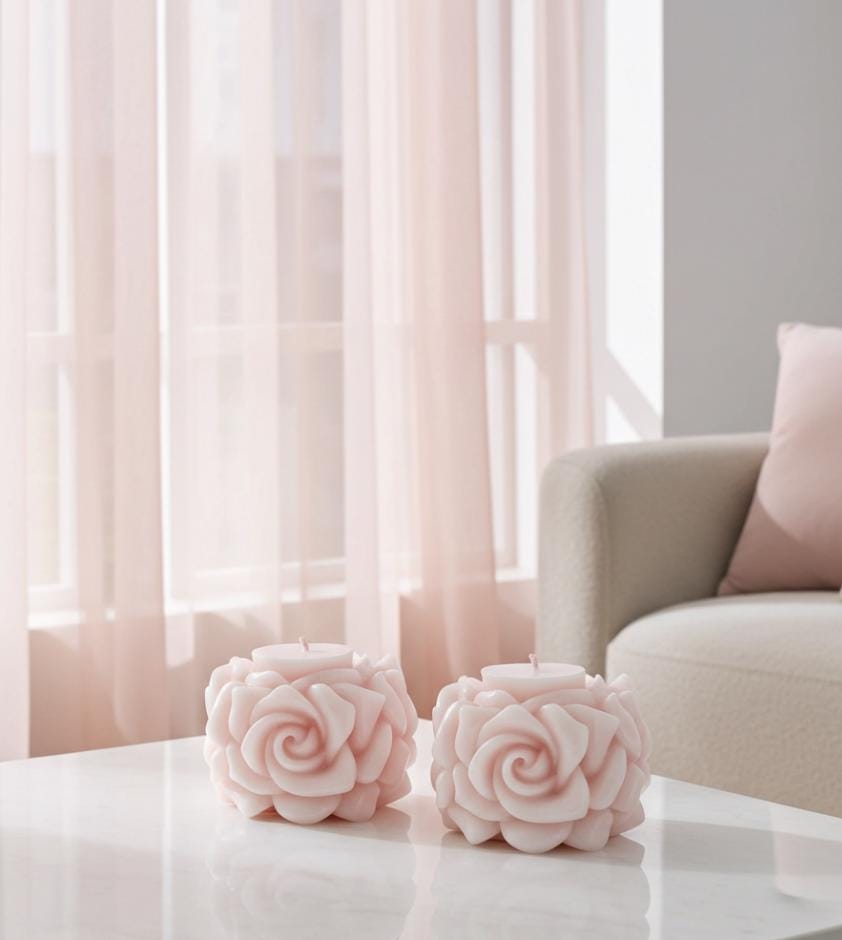 3D Crown Edged Chubby Rose Candles, Fairy Pink, 2pc set!