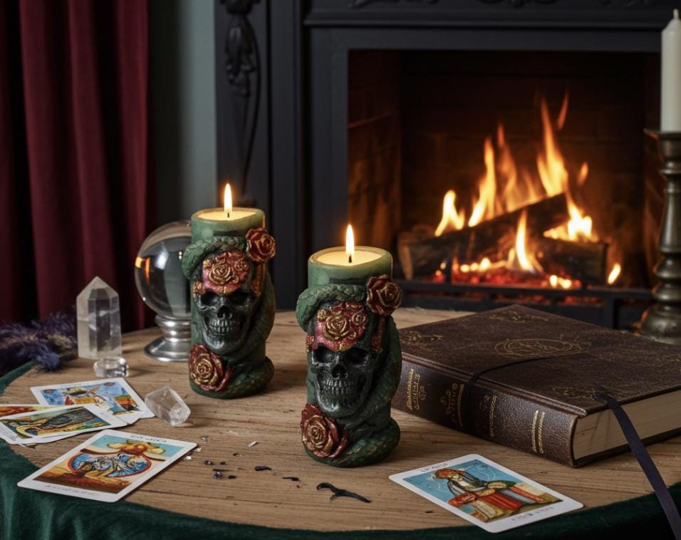 Skull Reptile Wrapped Candles, 3D Copper Red Roses (2pc Set)