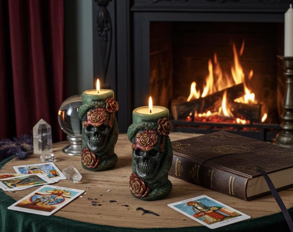 Skull Reptile Wrapped Candles, 3D Copper Red Roses (2pc Set)