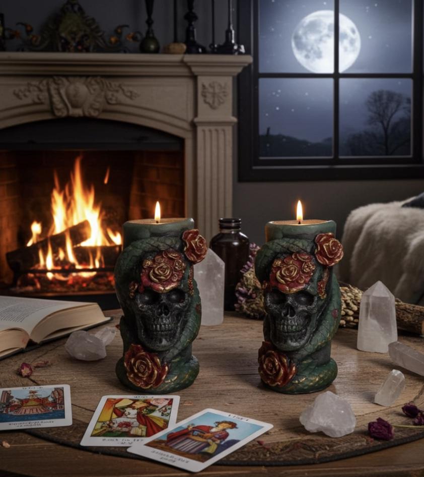 Skull Reptile Wrapped Candles, 3D Copper Red Roses (2pc Set)