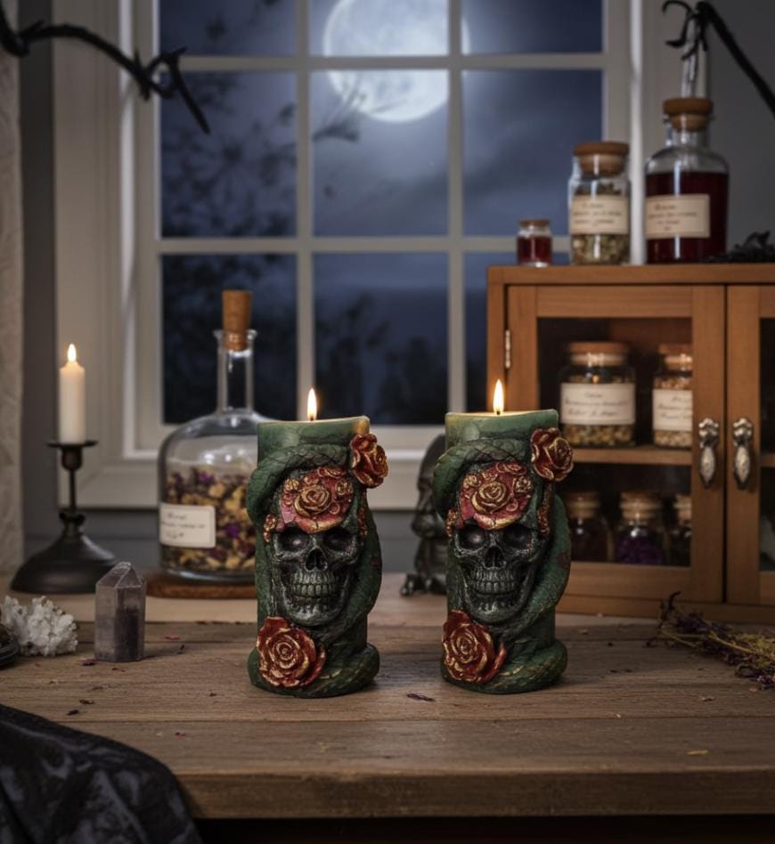 Skull Reptile Wrapped Candles, 3D Copper Red Roses (2pc Set)