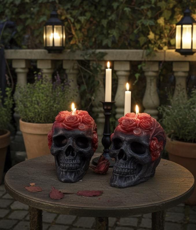 Skull N Roses Candles, Rustic Black, 2pc set!