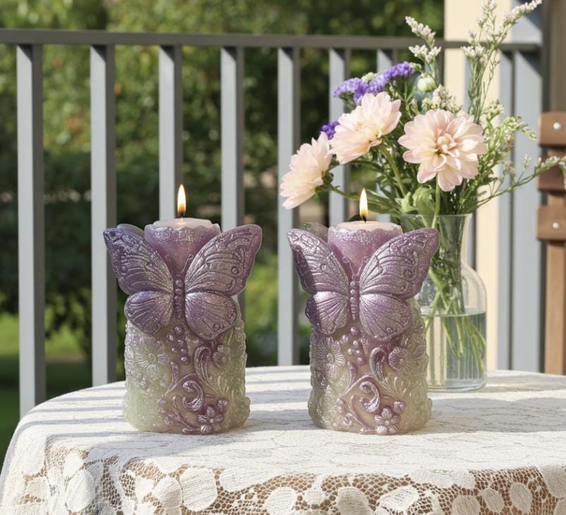 Whimsical Butterfly Candles, 3D Frosted Moldings, 2pc set!