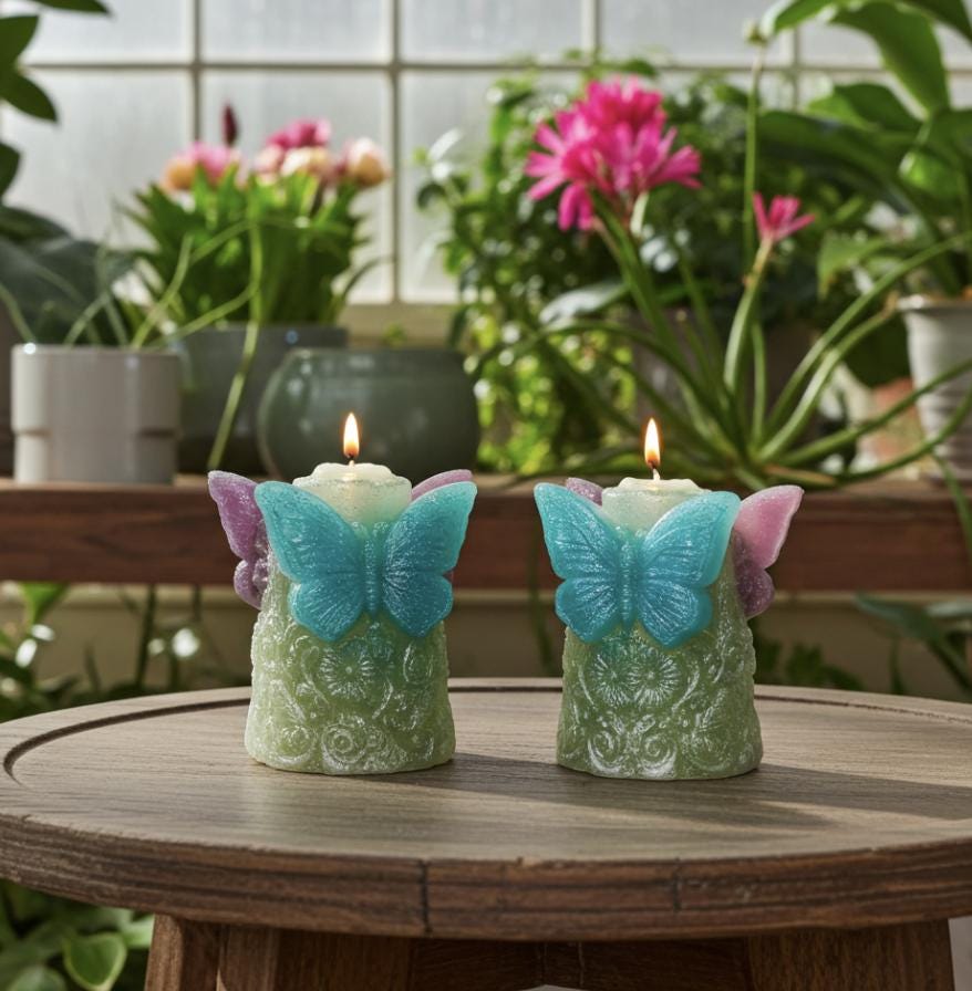 Whimsical Butterfly Candles, 3D Frosted Moldings, 2pc set!