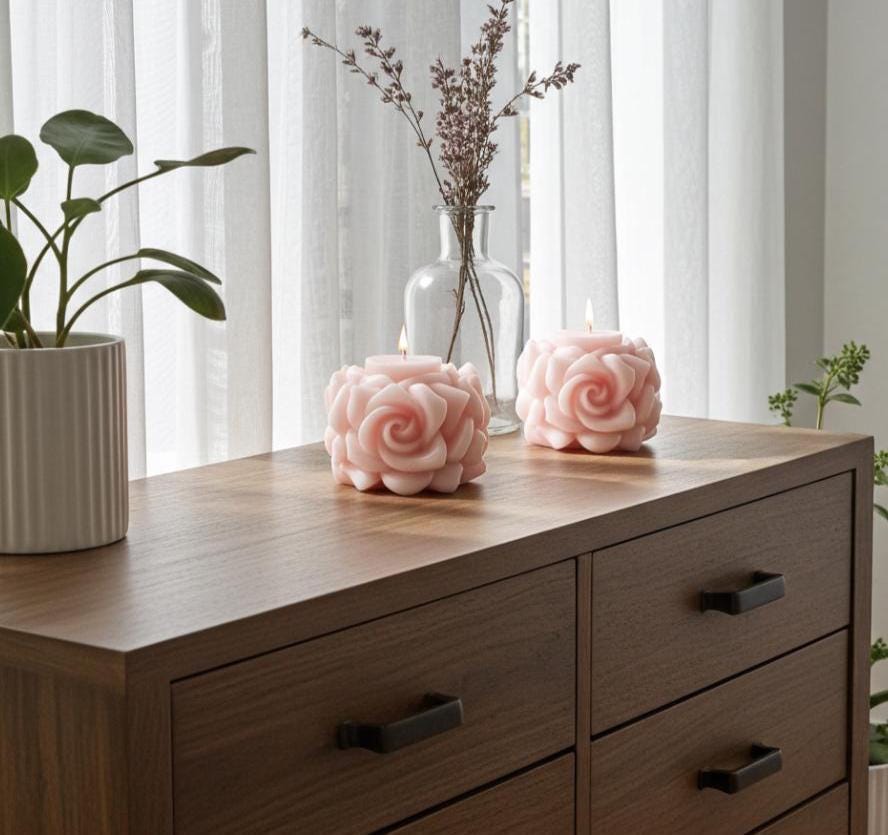 3D Crown Edged Chubby Rose Candles, Fairy Pink, 2pc set!